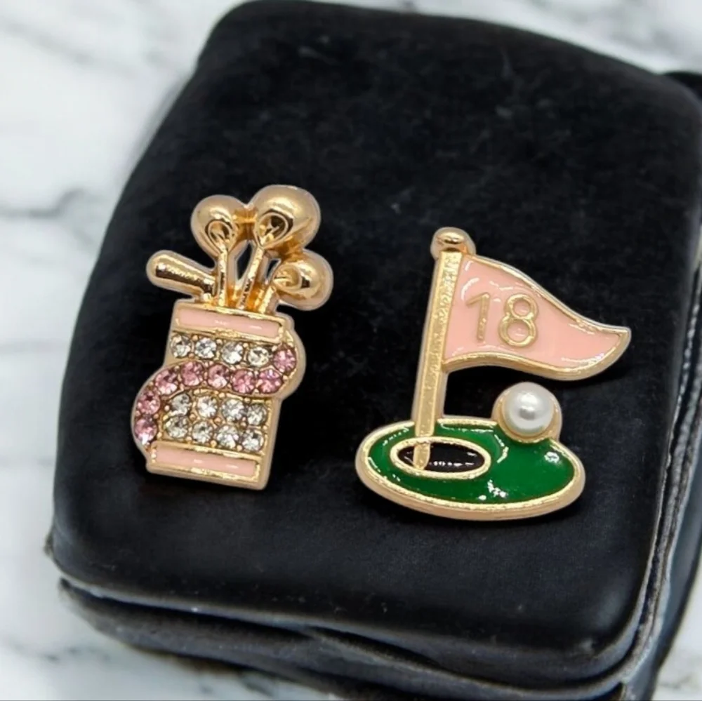 Golf Stud Earrings Pink Rhinestone Caddy Bag 18th Hole Flag Pearl Golfer Gift